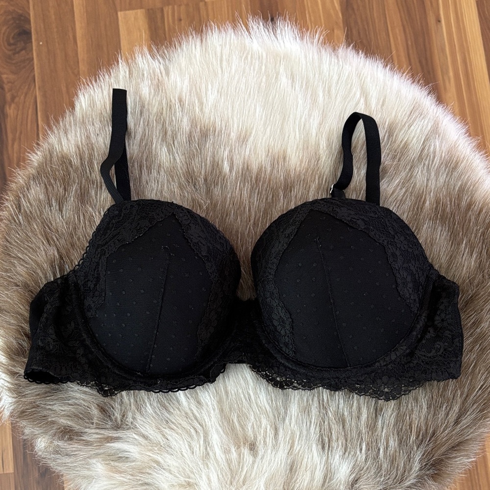 Victoria's Secret Black Lace Dot Dream Angels Demi Bra with Scalloped Trim